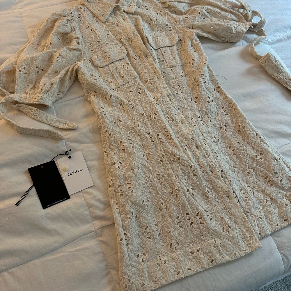 En Saison Cream Buttoned Tie Front Mini Dress